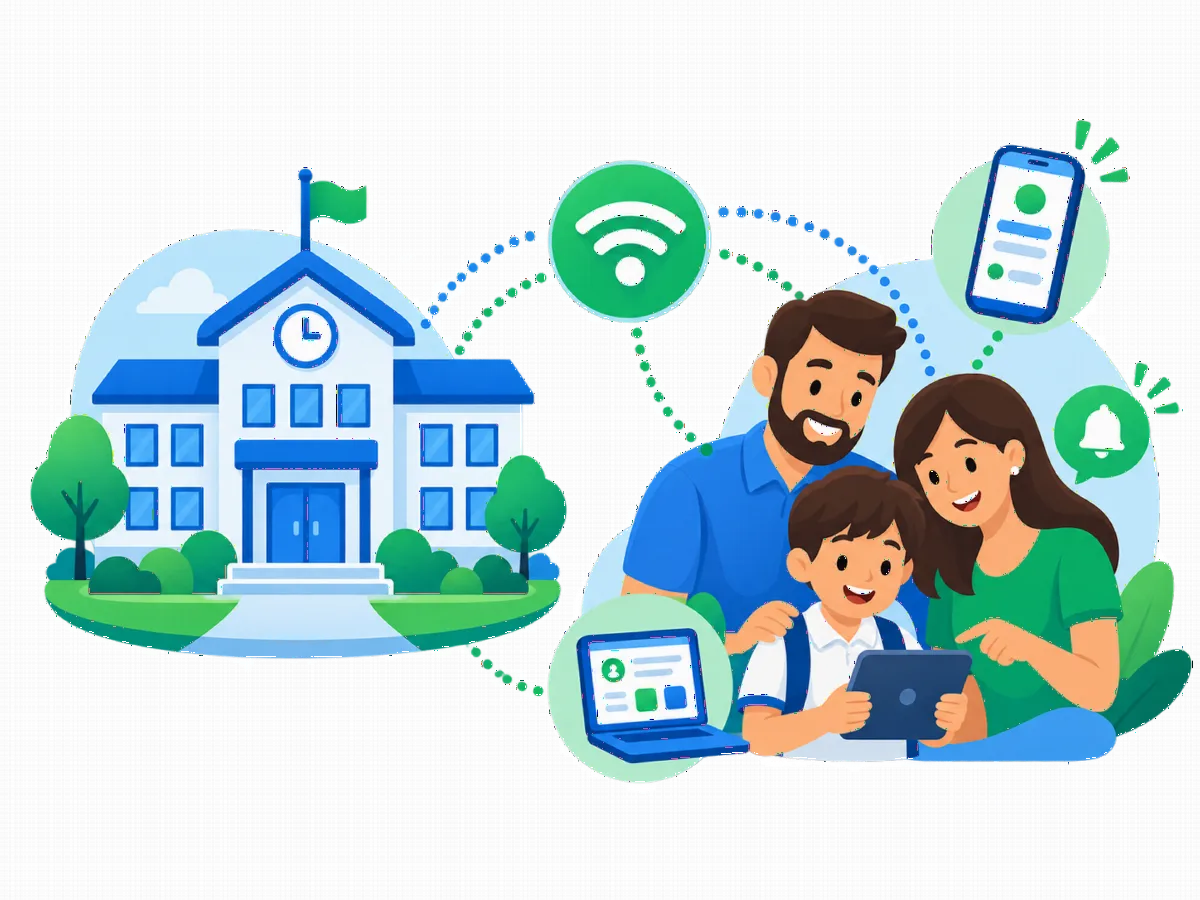 Ilustración de un colegio conectado con una familia a través de MiColegioConnect